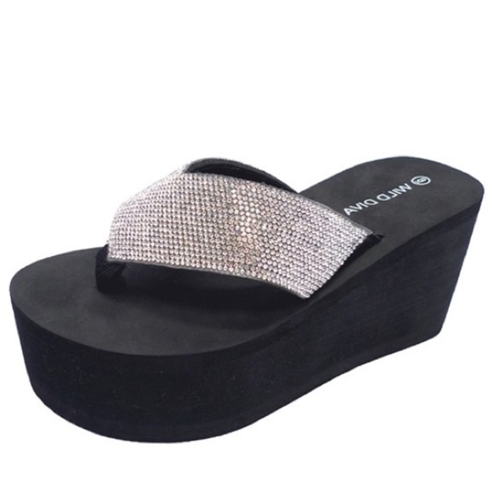 Wild Diva Heat Black Y2K Rhinestone Embellished Ultra Platform Wedge Sandal